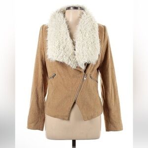 Tobi Fanciful Plush Faux Fur Collar Beige Suede Moto Style Jacket Size Medium